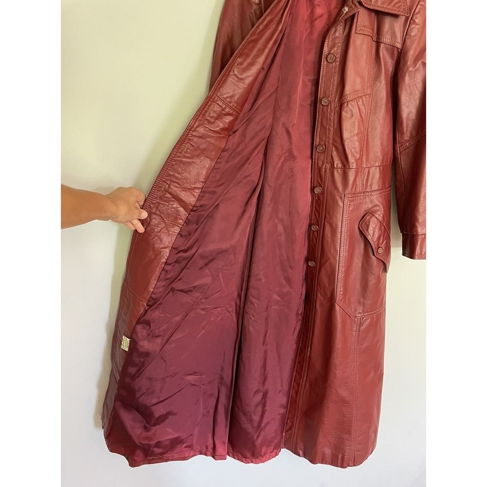 Vintage 70s Red Leather Trench Coat Maxi Long Duster Dagger Collar Uruguay S - Picture 10 of 16